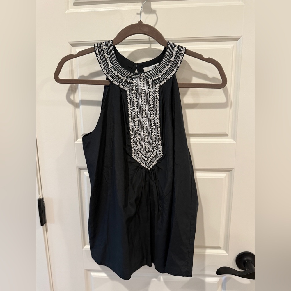 Tibi Black Top with White Embroidery